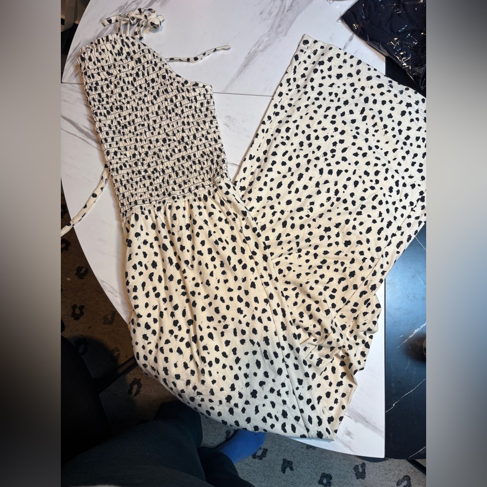 Pact Cream Smocked Spaghetti-Strap Wide-Leg Jumpsuit with Leopard Dot - Picture 2 of 7